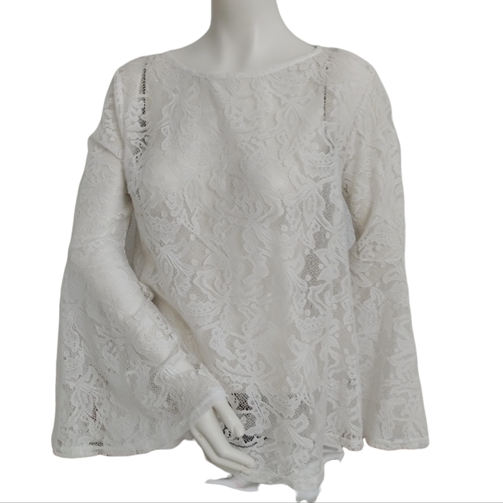 Umgee USA‎ Womens Sheer Lace Bell Sleeve Blouse White size Medium (M) Y2K, fairy